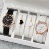 4PCS/Set Women's Fashion Watch Round Dial Leather Strap Quartz Watch with Black White Heart Bracelet 1