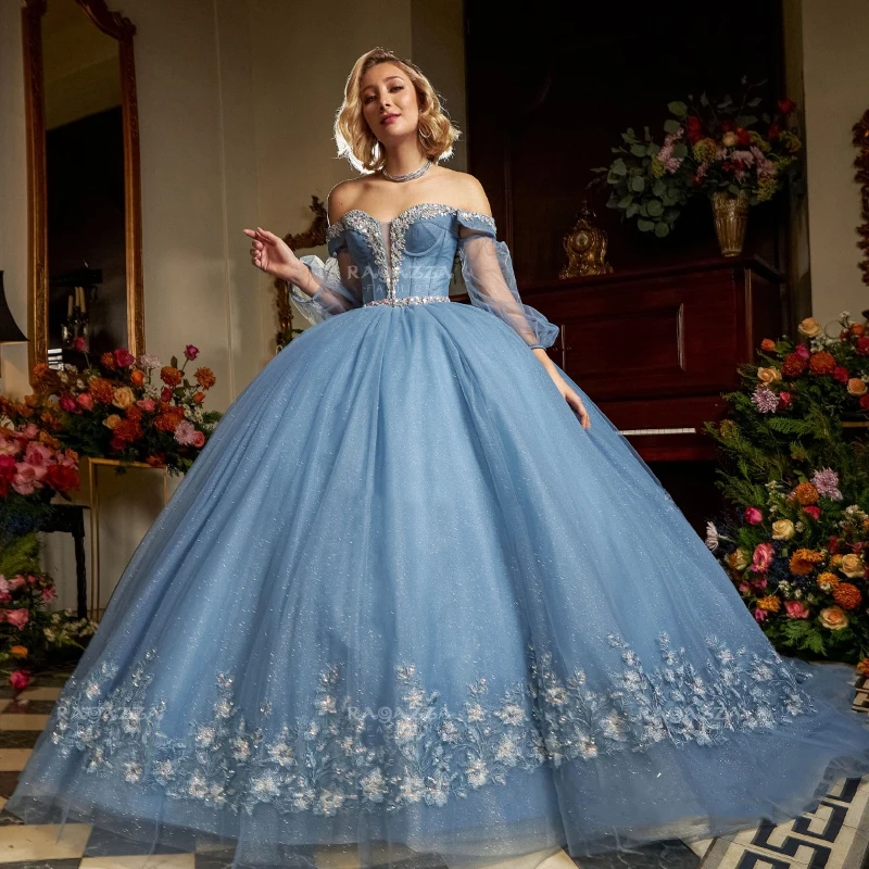 

Sky Blue Sequined Off The Shoulder Ball Gown Quinceanera Dresses Appliques Beading Shiny Crystal Corset Vestidos De 15 Años