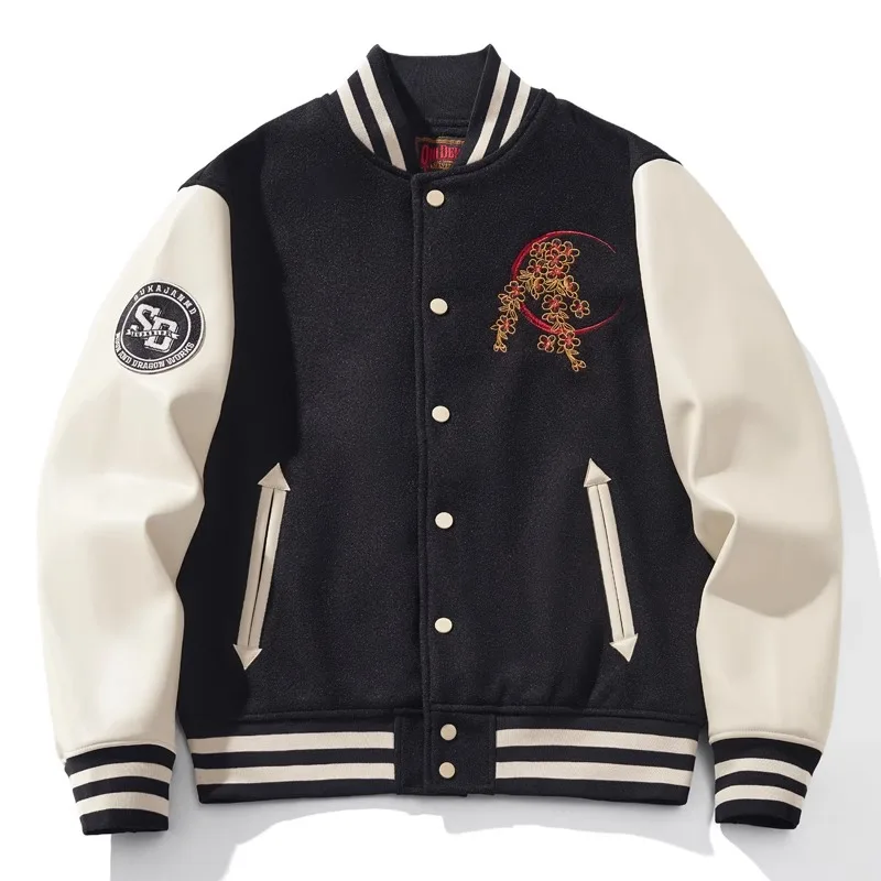 Chinese Style Machine Embroidery Red Dragon Men's Baseball Uniforms Stitching Leather Sleeve Jacket Dragon Year Fashion Jaquetas