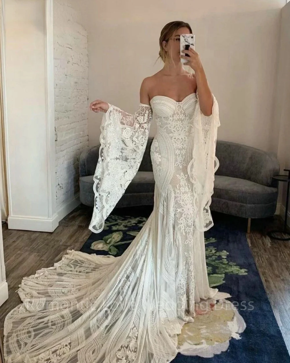 

Strapless Sexy Mermaid White Wedding Dress Off The Shoulder Lace Applique Lace up Back Bridal Gowns For Women Vestido De Novia