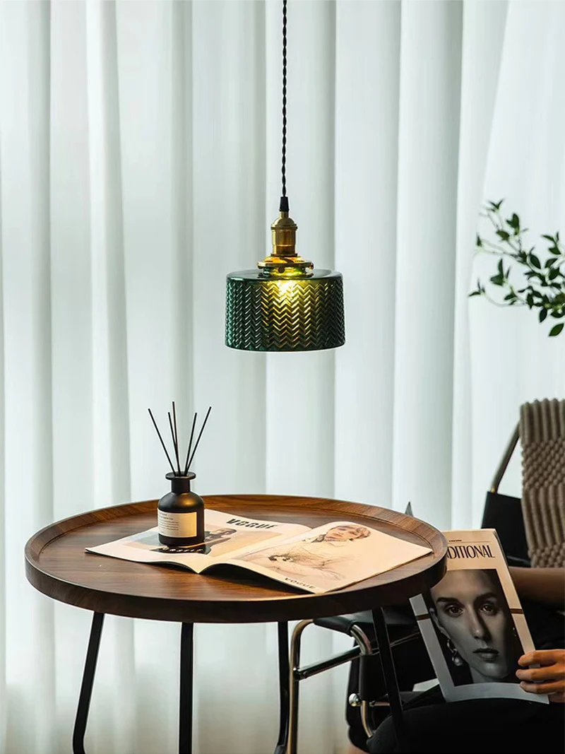 Copper Glass Suspension pendant Lamp for Dining Room Foyer Bedside Apartment Nordic Green Pendant Light LED Hanging Lamp Ceiling