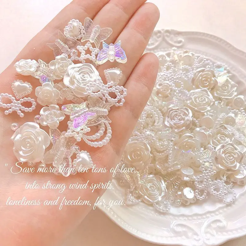 200pcs Random Flatback Half Round Rose Flower Sea Star Heart Bow Leaf Pearls Bead ABS Loose Beads Diy Accessories clothing accessories imitation pearl beads abs beads