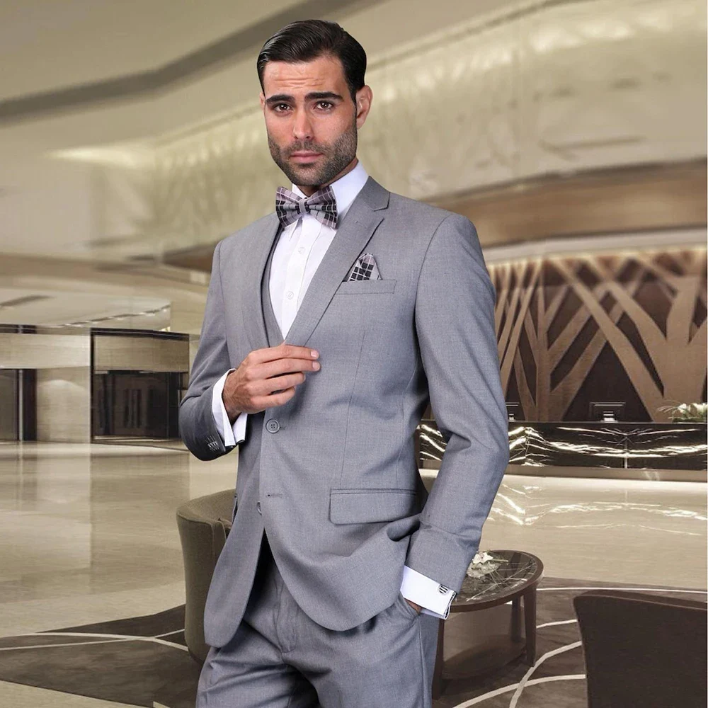 

Luxury Grey Blazer Terno Suits for Men Single Breasted Notched Lapel Elegant Costume Hombres 3 Piece Jacket Pants Vest Slim Fit