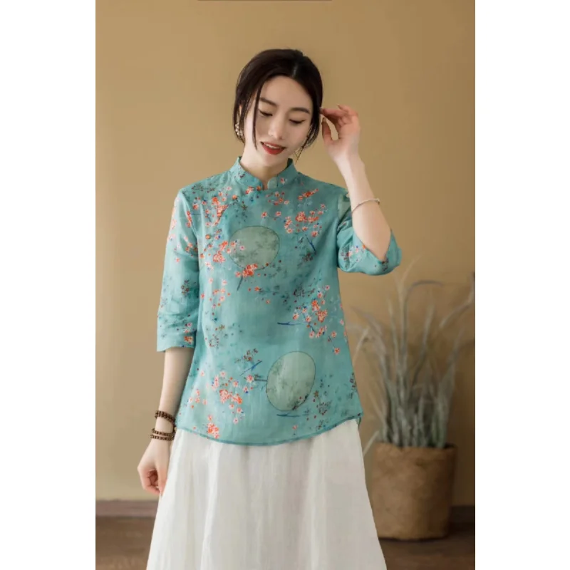 2023Women's loose spring/summer shirt, summer literature round neck, loose fitting top, retro printed short style, 3/4 sleeves