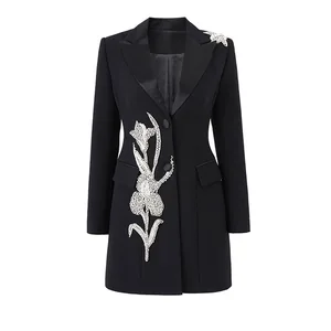 2024 Spring Fine Workmanship Beading Flower Two Buttons Long Sleeve Women Office Solid Blazer Short Mini Notched Dress