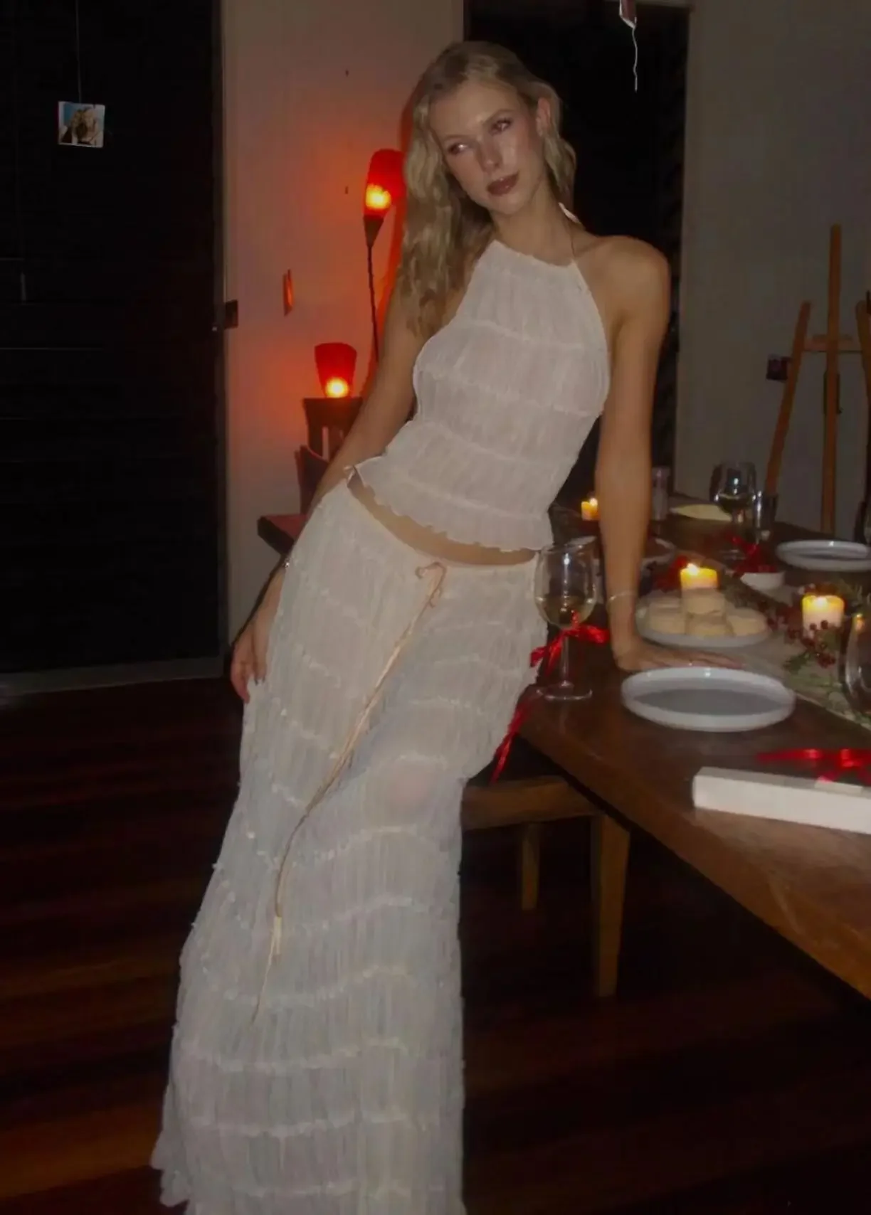 Bandage Fashion 2 Piece-Set Maxi Skirt Female Ruffled Summer Lace Elegant Streetwear Halter Top And Long Skirt Women Sets