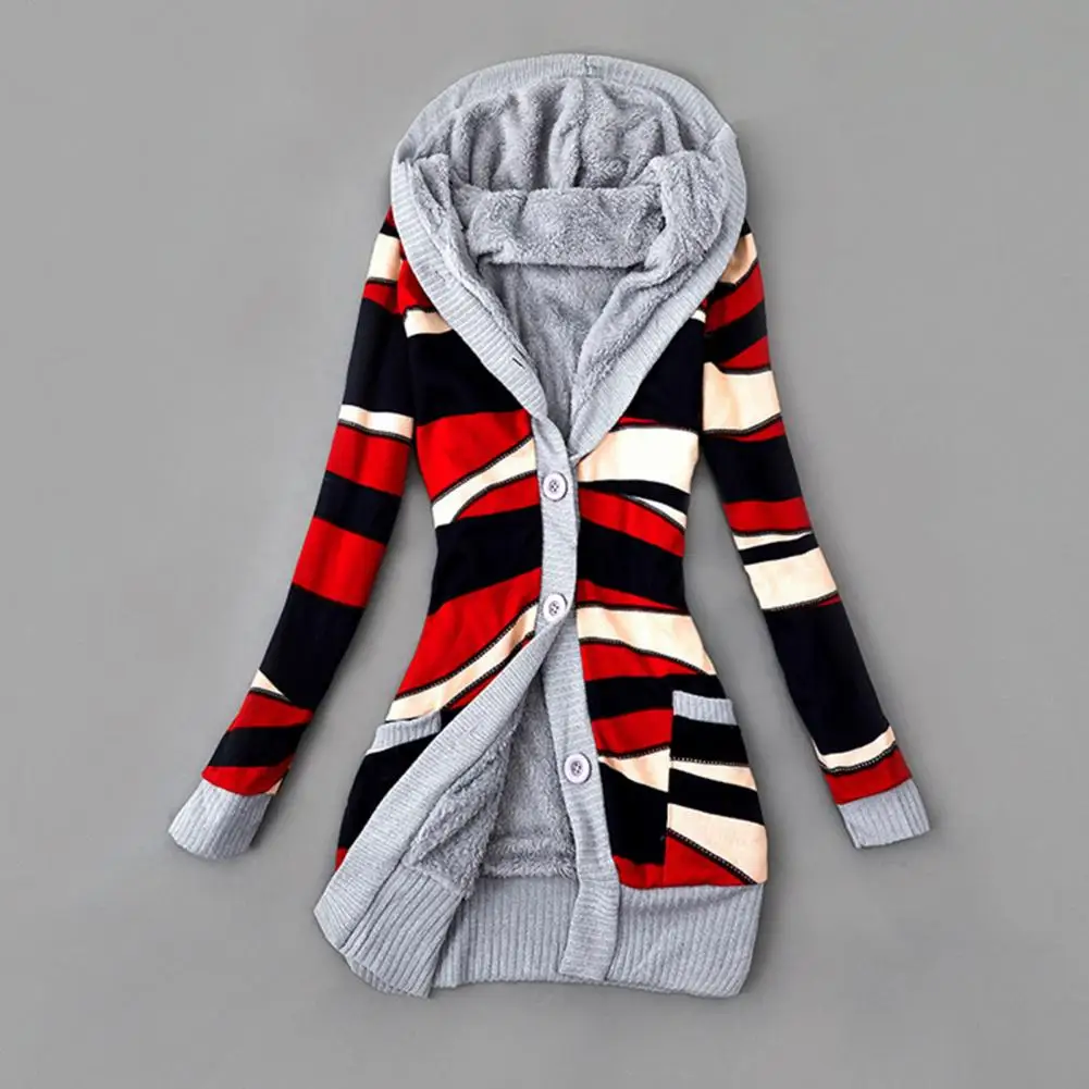 Fashion Women Cardigan  Hooded Skin-friendly Sweater Cardigan  Buttons Closure Hooded Plush Lining Sweater Cardigan - 3