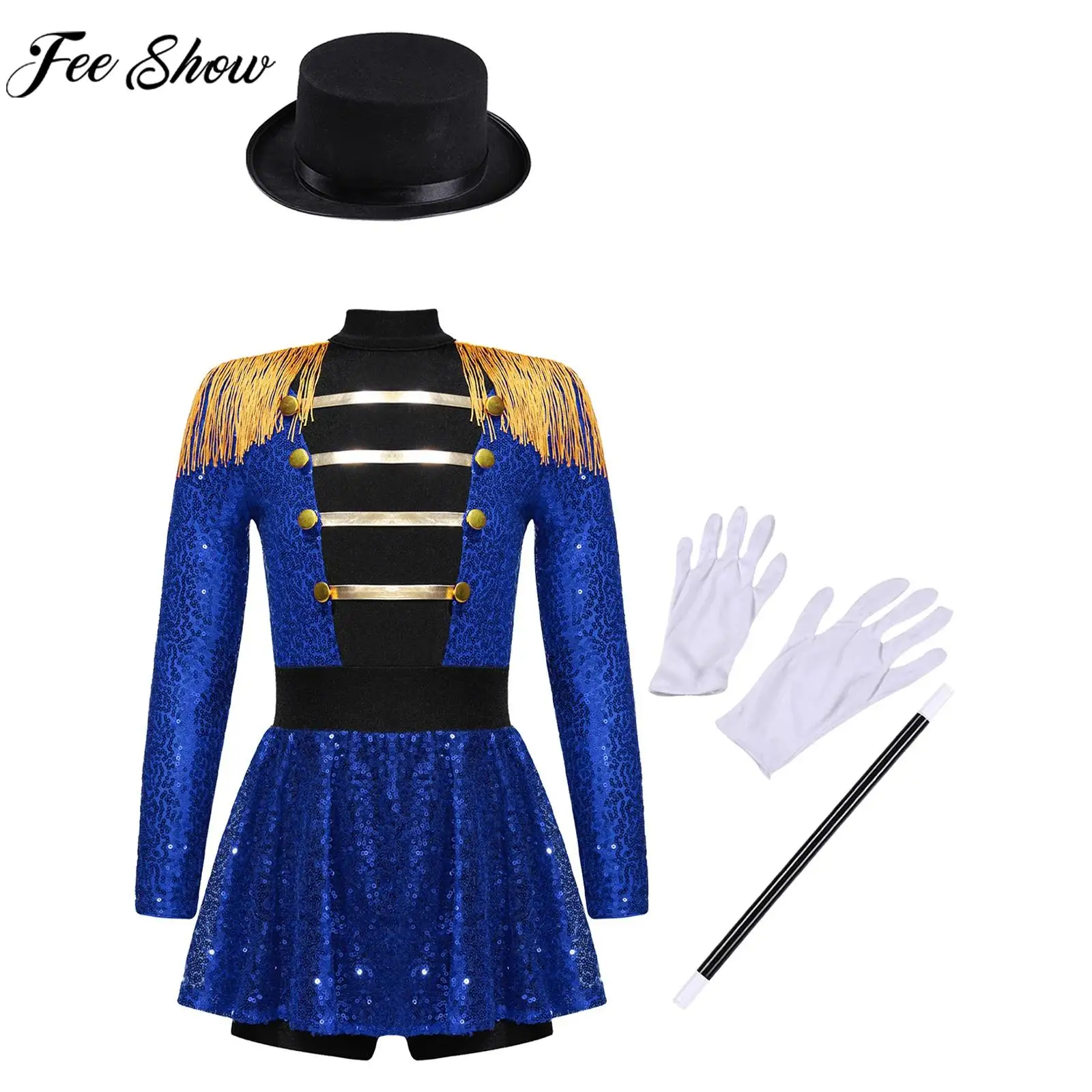 

Girls Circus Ringmaster Magician Cosplay Performance Costume Sequin Leotard Dress with Hat Magic Wand Gloves for Halloween Party