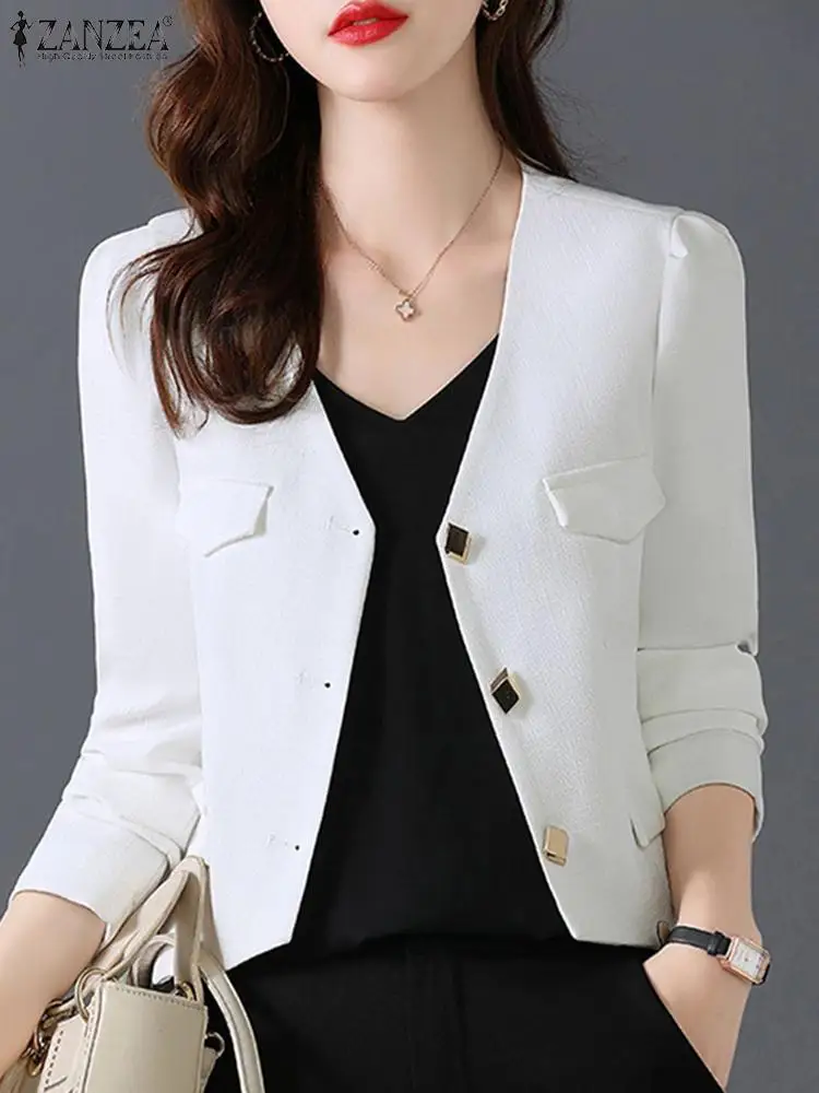 

ZANZEA Woman Fashion Long Sleeve Cropped Blazer Autumn Elegant V-Neck Jackets Female Button Outwear Ladies OL Work Thin Coat