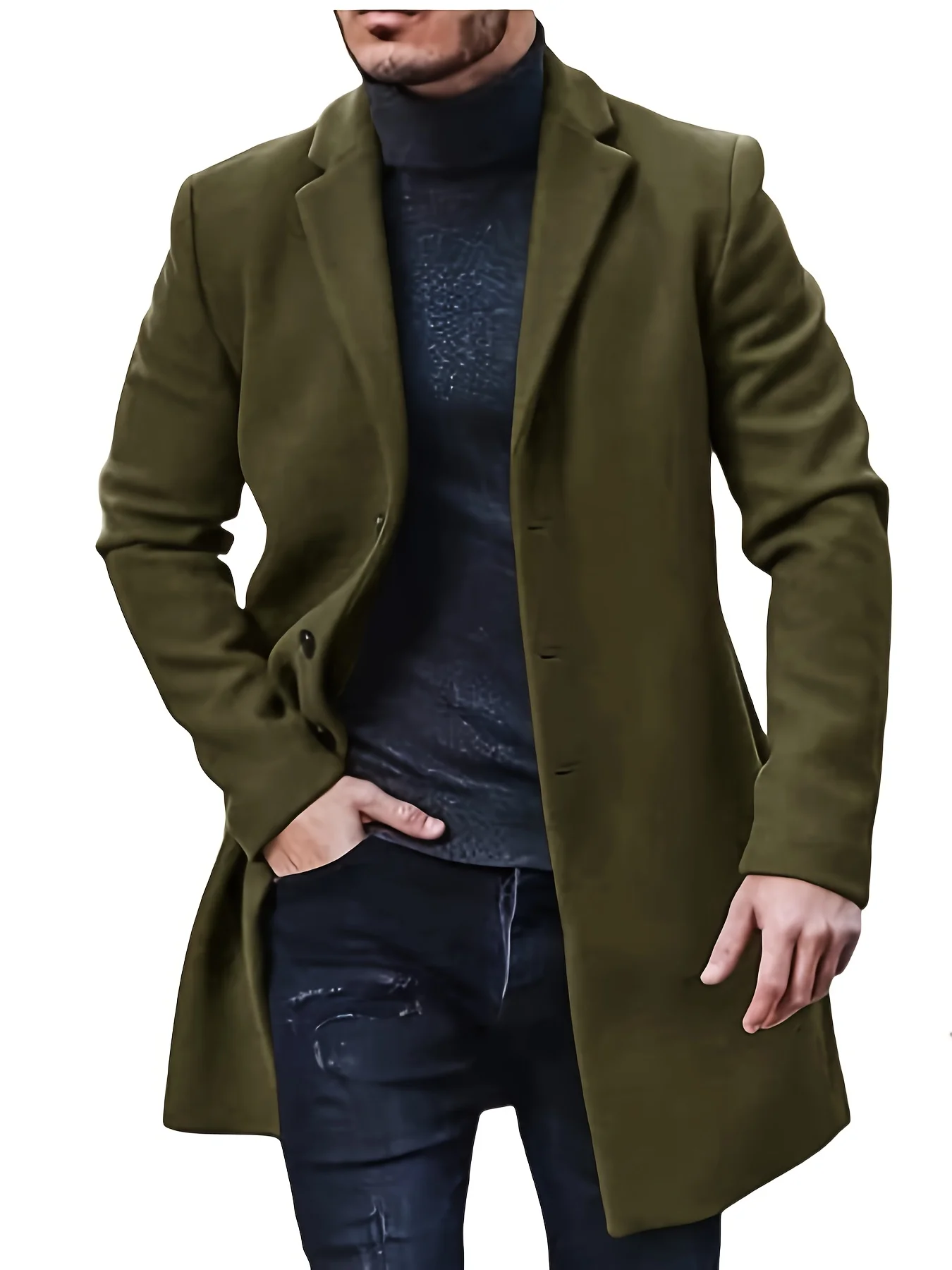 Woolen coat men's woolen mid-length windbreaker coat solid color casual men's jacket