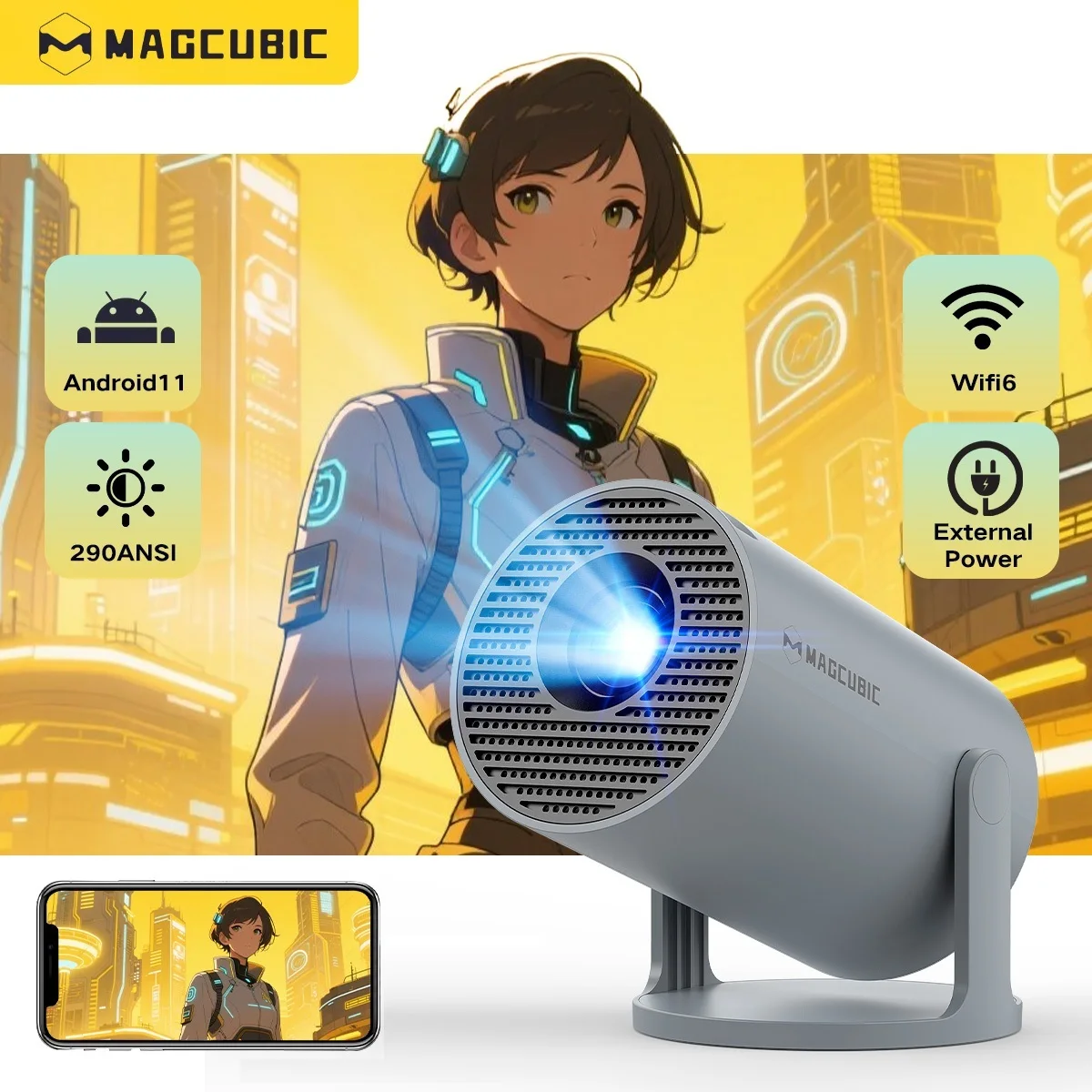 新品未使用JREN プロジェクター 家庭用 ポータブルAndroid 11搭載 Magcubic プロジェクター 4K Android 11 HY300 Pro Wifi6