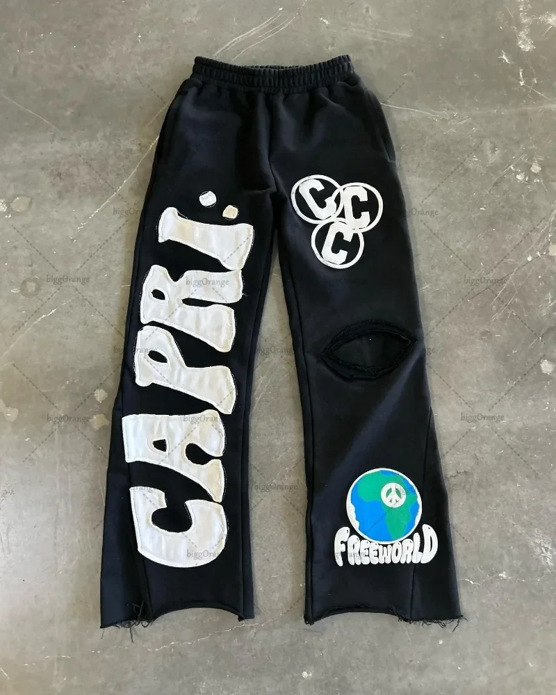 Wide leg pants European and American embroidered trousers high street trendy brand wide-leg pants men Y2K retro casual knitted pants women