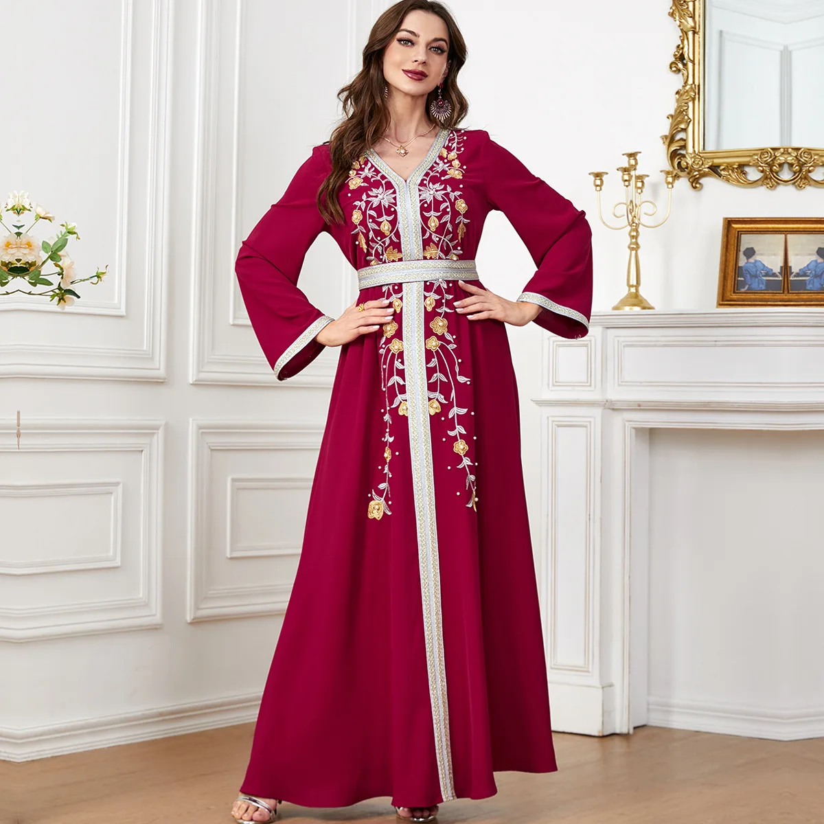 

Muslim Women Embroidery Beaded Long Maxi Dress Eid Ramadan Jalabiya Dubai Turkey Abaya Kaftan Islamic Morocco Robe Belted Caftan