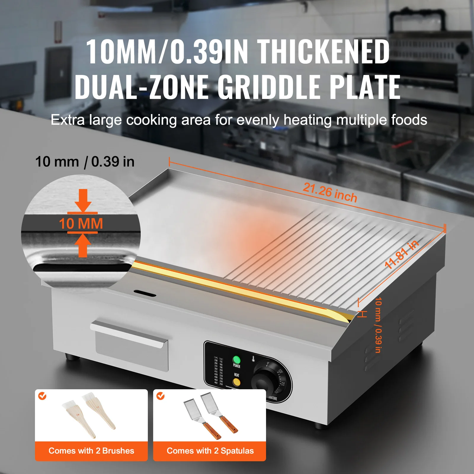 SucceBuy Commercial Electric Griddle Countertop Grill 122℉-572℉ Adjustable Temp Stainless Steel Griddle Grill (No Plug) for Home