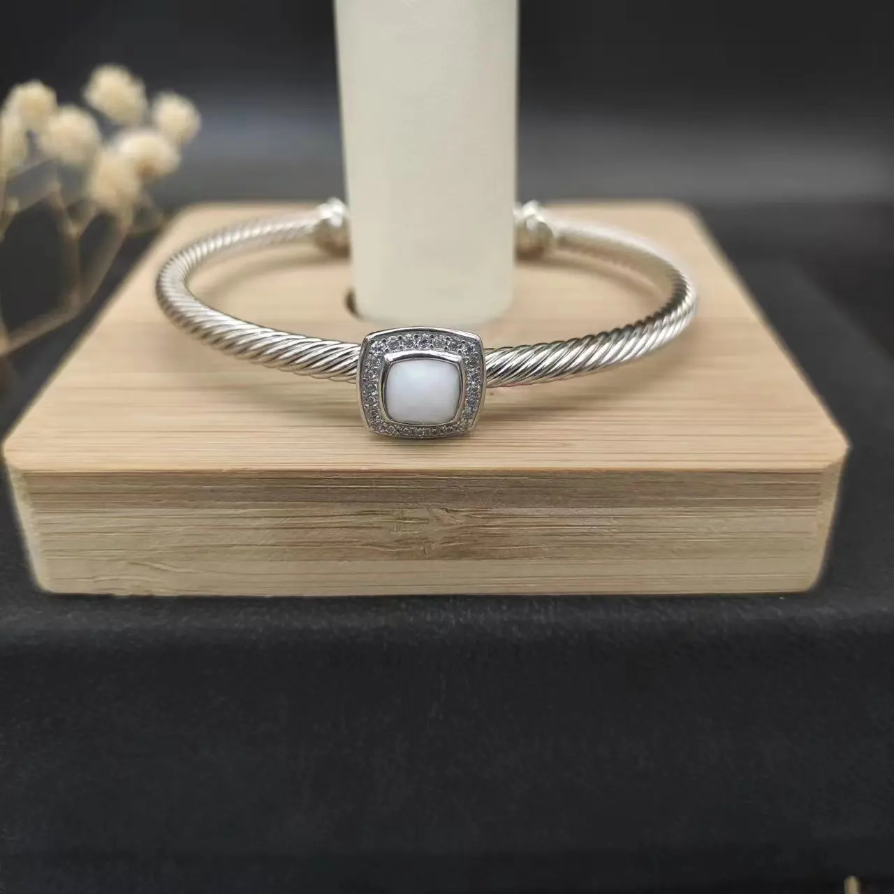 HSC 4MM Cable Classic DY S925 Sterling Silver Black Onyx And Paved Diamond Bracelet For Men's Jewelry Gift