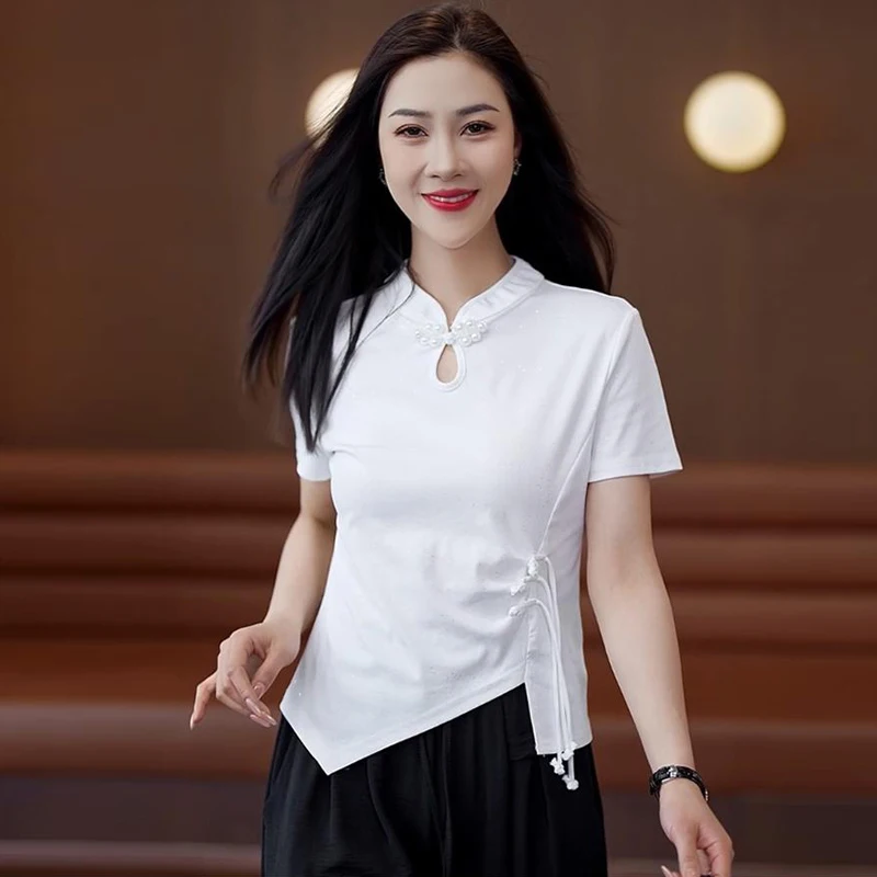 

LKSK New Chinese Style Short Sleeved T-shirt for Women's Summer Irregular Sequin Top Chinese Style Button Up Slim Fit T-shirt