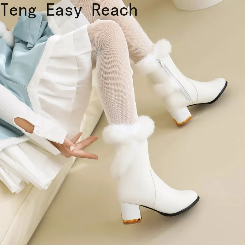 Winter True Fur Warm Women's Boots Fashion Zipper High Heels Women's Plush Ankle Boots Street Style White Ankle Boots for Women