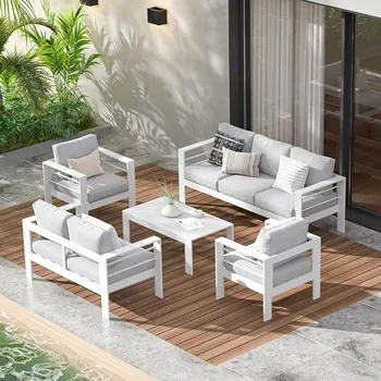 Aluminum Outdoor Patio Furniture Set Modern Patio Conversation Sets Outdoor Sectional Metal Sofa with 5 Inch Cushion and Table 2