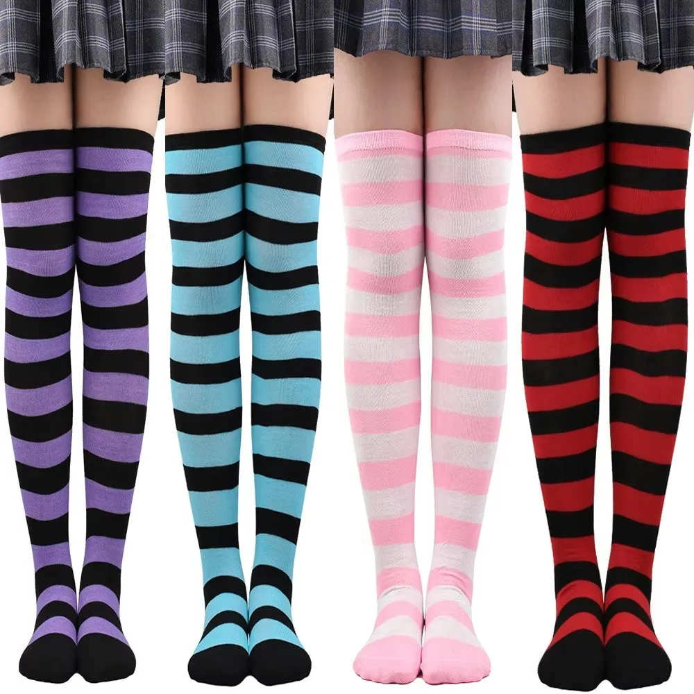 Medias Altas De Payaso A Rayas Arcoíris Hasta La Rodilla, Multicolor, De Poliéster Elástico, Ideales Para Cosplay, Fiestas De Disfraces Y Eventos De Temática Colorida.
