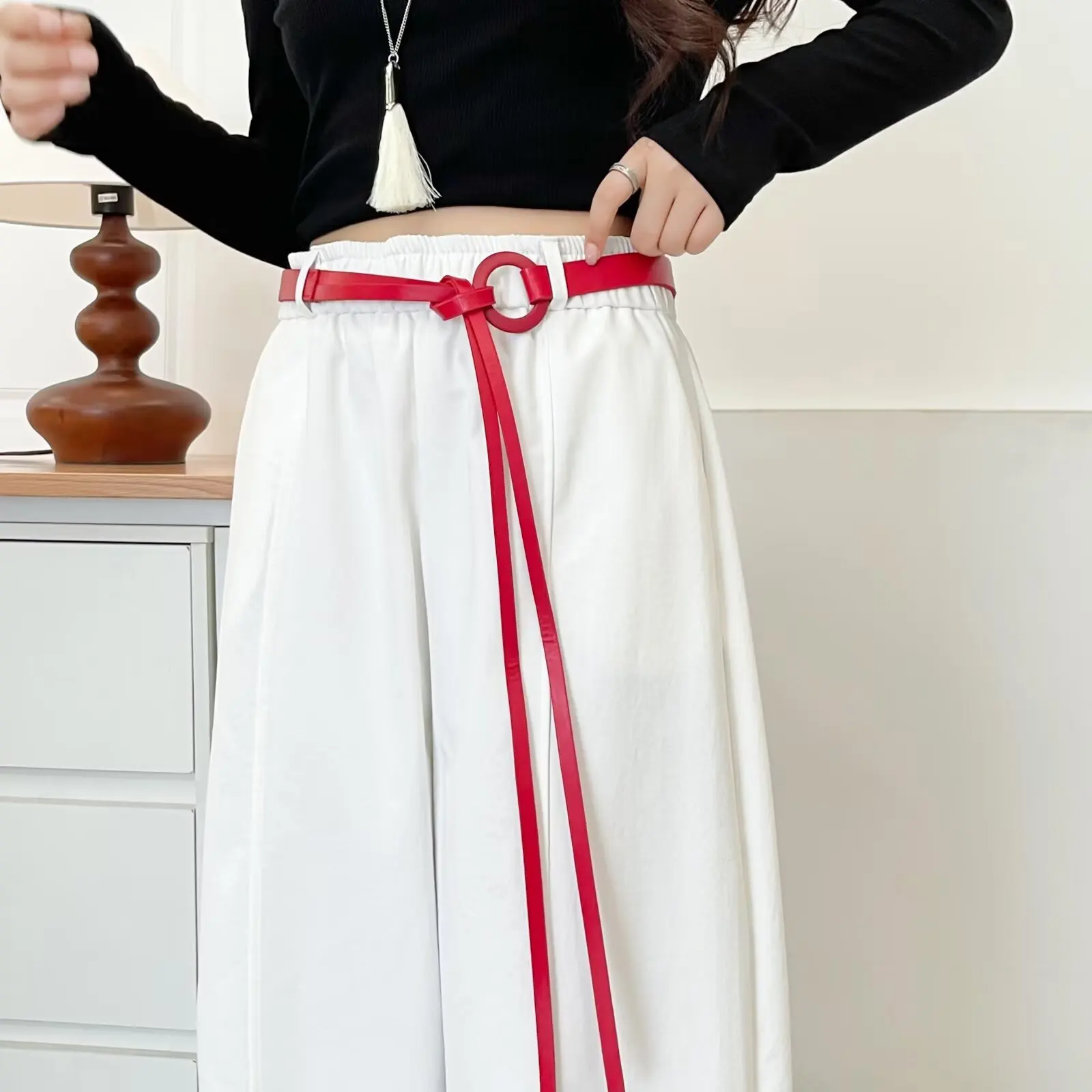 Plus Size Women's Wide Leg Pants 2025 Autumn New Style Stylish With Belt Solid Color Straight Trousers 2219