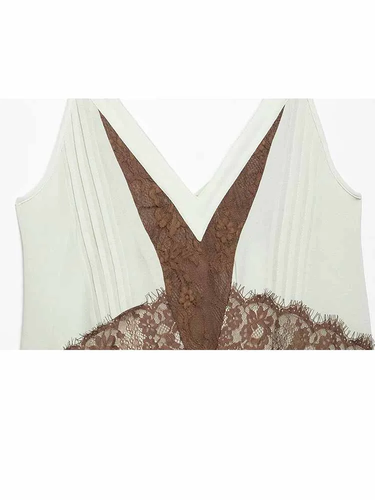 HH Damen Frühjahrsmode V-Ausschnitt Spitzenverzierung Weiches Lässiges Ärmelloses Elegantes Sexy Kurzes Kleid mit Spleißdesign Damen-Trägerkleid