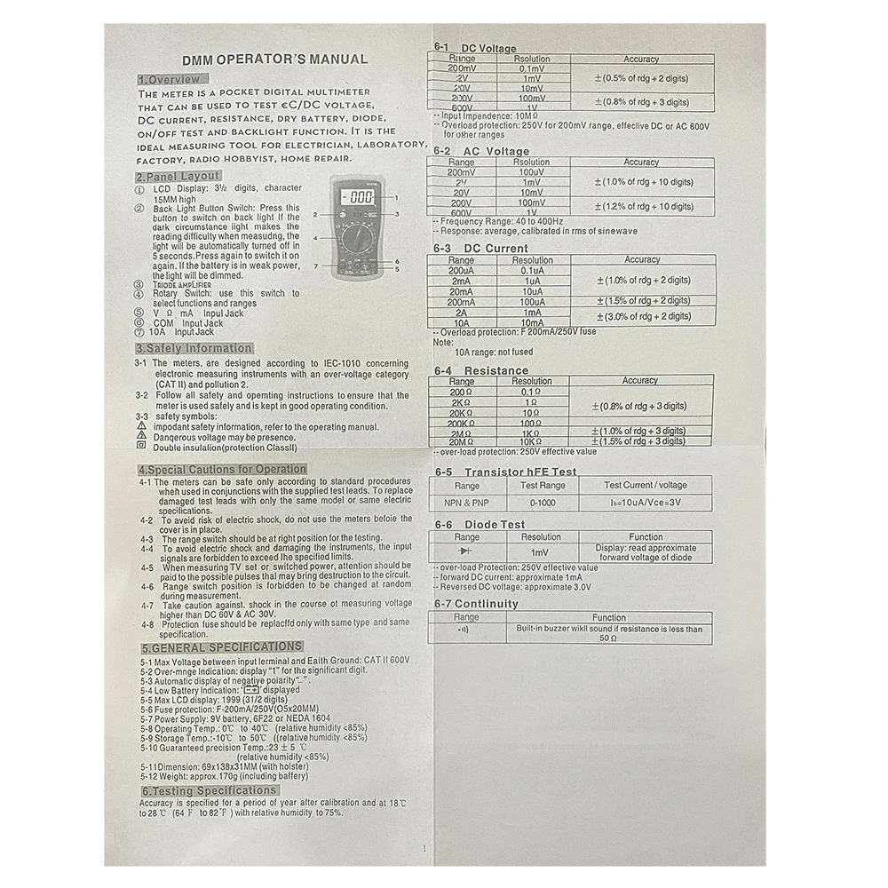 XL830L Handheld Digital Multimeter LCD Hintergrundbeleuchtung Tragbare AC/DC Amperemeter Voltmeter Ohm Spannung Tester Meter Multimetro – Detail 22