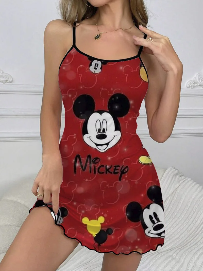 

Mini Dress Fashion Summer Dresses 2024 Crew Neck Elegant Chic Dress Lettuce Trim Disney Mickey Women Sexy Trim Neck Slip Dress
