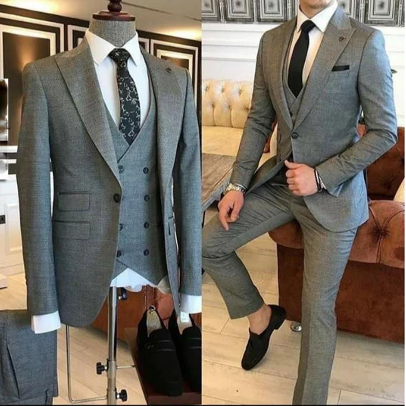 

Groom Wear 3 Pieces Gray Men Suits 2021 Slim Fit Peak Lapel One Button Tailor Made Terno Masculino (Jacket+Pants+Vest+Tie）