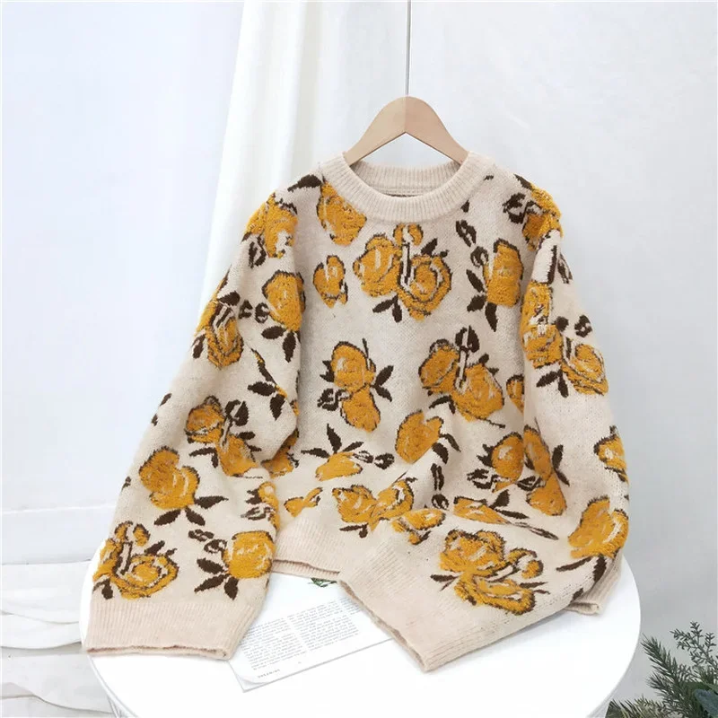 

Autumn Retro Rose Cashere Thickening Loose Sweater for Women O Neck Flowers Pullover Casual Long Sweater Knit Top