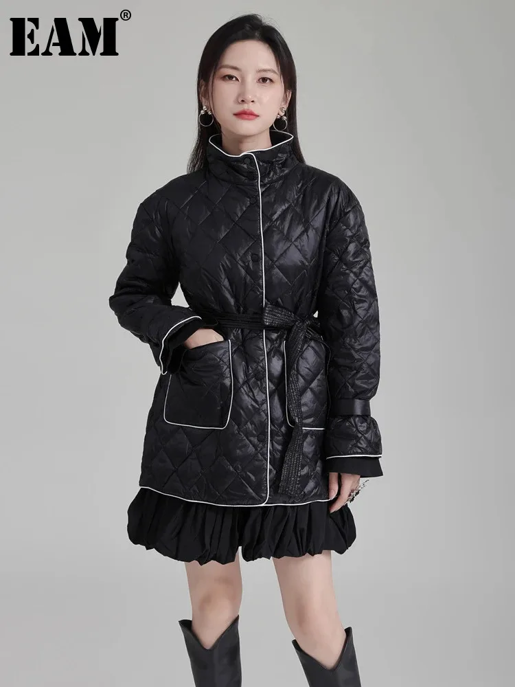 

[EAM] Loose Fit Black Warm Thick Elegant Down Jacket New Long Sleeve Warm Women Parkas Fashion Tide Autumn Winter 2024 1DH2255