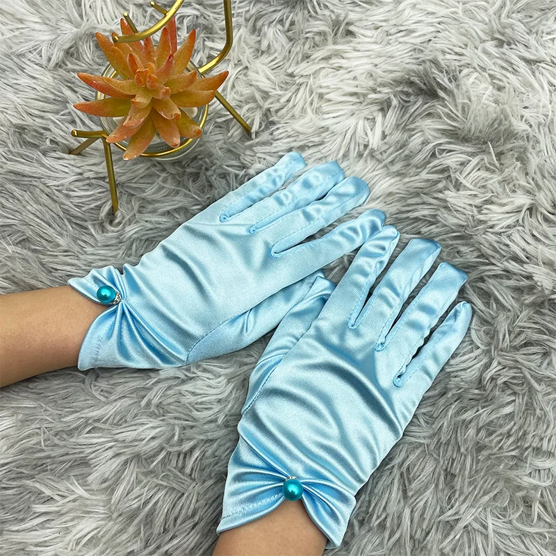 Women Wedding Dress Lace Gloves Satin Short Gloves Sunscreen Summer Anti-UV Elastic Thin Mittens Driving Full Finger Red White Black