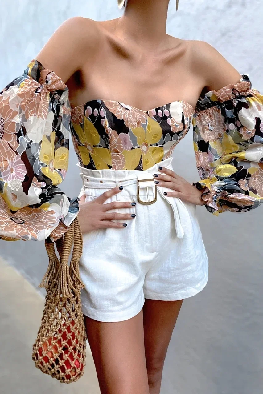 

Women's Chiffon Long Sleeve Blouses, Print Lantern Long Sleeve, Elegant, Sexy, Vintage Fashion, Tube Tops, Ladies Top, Spring