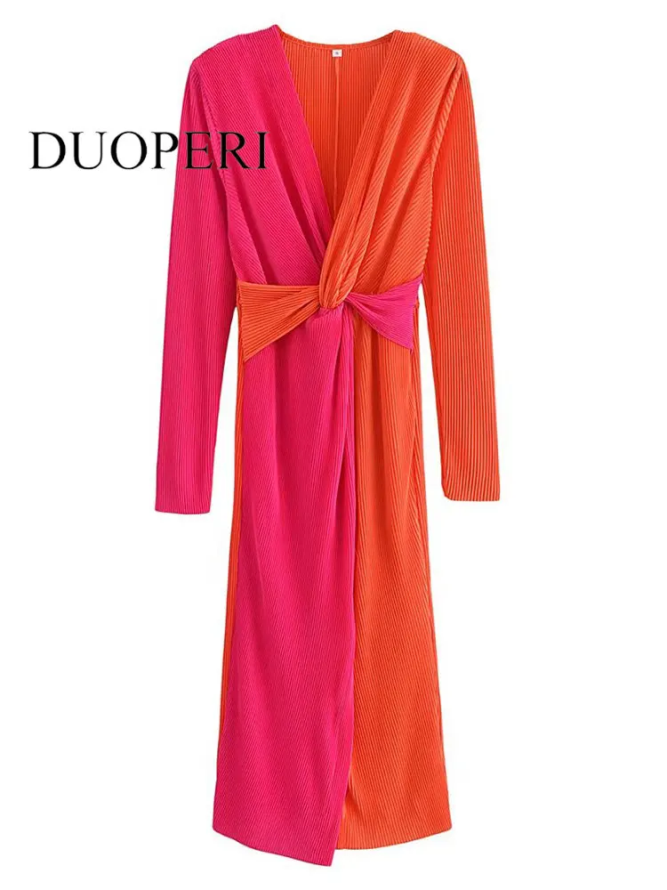 

DUOPERI Women Fashion With Knot Patchwork Pleated Midi Dress Vintage V-Neck Long Sleeves Female Chic Lady Dresses