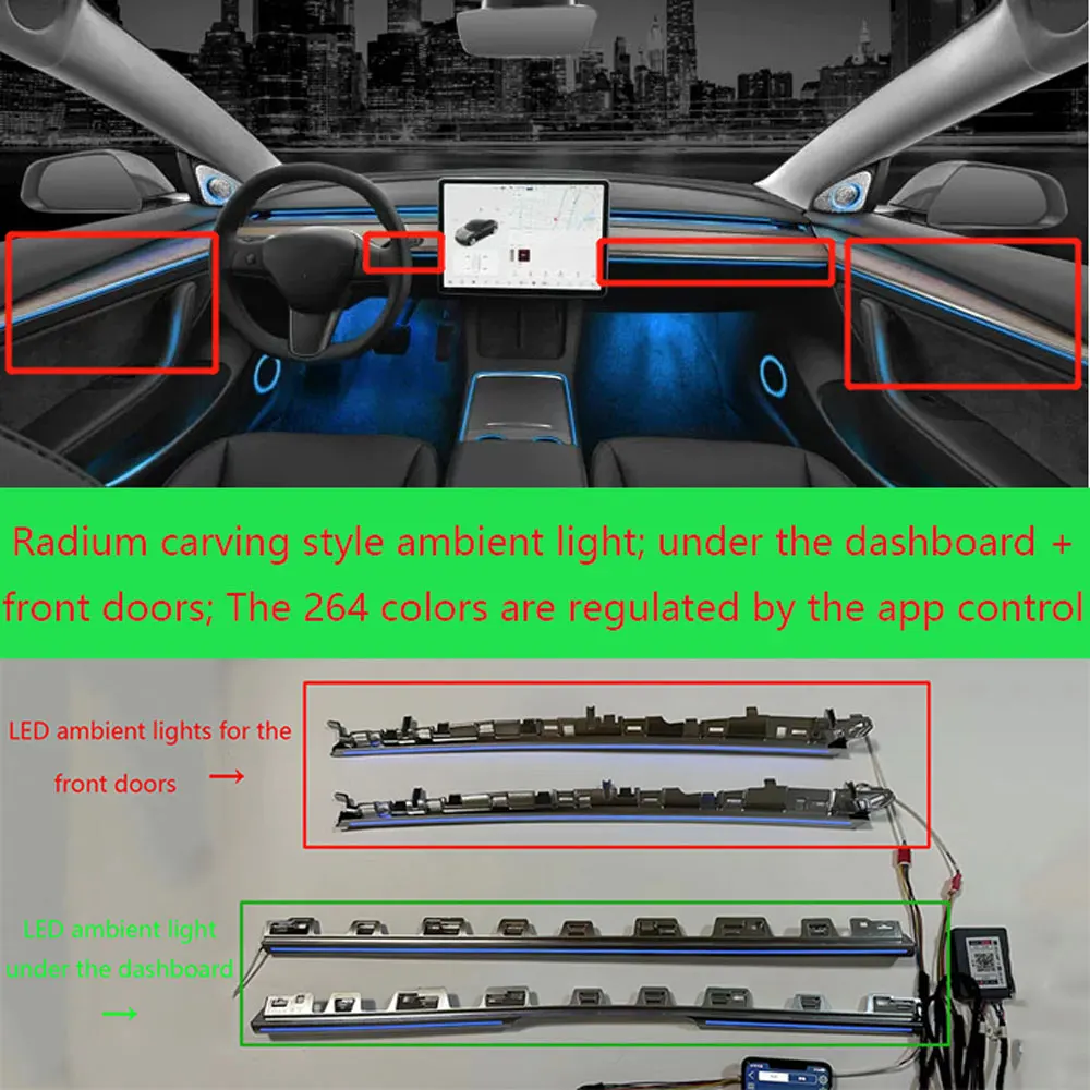 Для Tesla Model 3/Y 246-цветной радиус-гравировка светодиодный окружающий свет под центральным приборным кластером и входной дверью
