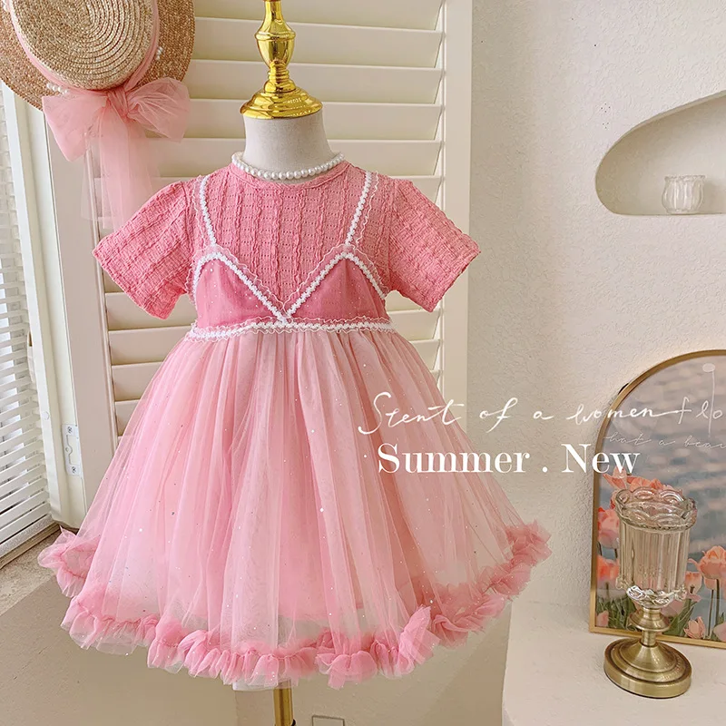 

Kids Dresses 2023 new Girls' clothes Summer O-neck Sequins Lace Cute Girls' Dress for Party Wedding Dress Baby Princess Dress