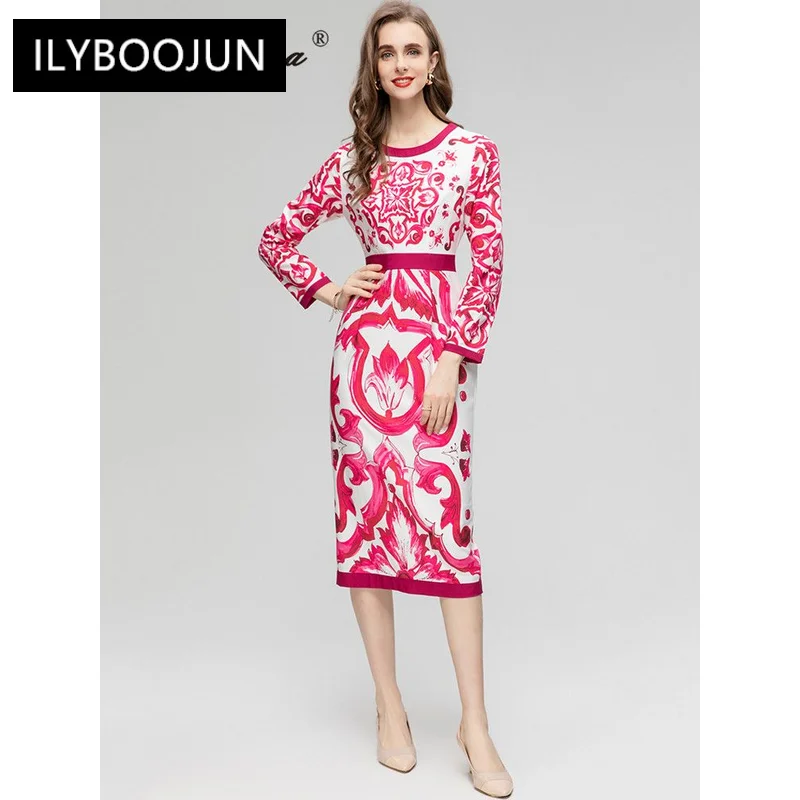 

Summer Party Print Dress Women O-neck Long Sleeve Elastic Waist Package Buttocks Slit Midi Dresses For Women 2023 Luxury Brand