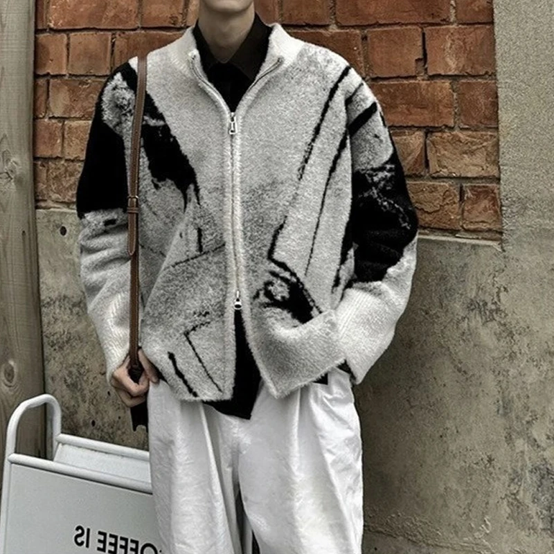남성용 긴팔 스탠드 칼라 지퍼 니트 가디건 스웨터 코트, 스트릿웨어, 힙합 의류, 빈티지 니트웨어, 가을, 겨울
