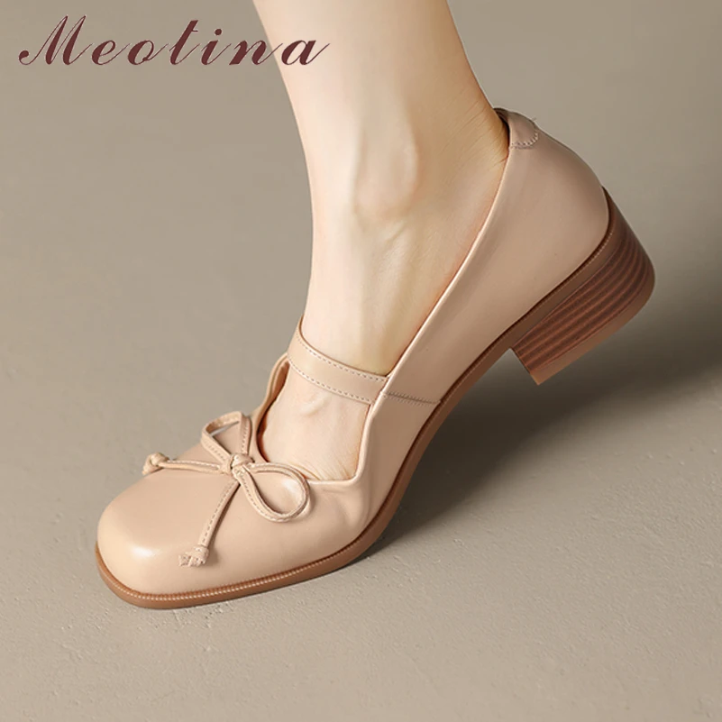 

Meotina Women Genuine Leather Mary Janes Pumps Square Toe Block Mid Heels Bow Buckle Ladies Fashion Shoes Spring Autumn Apricot