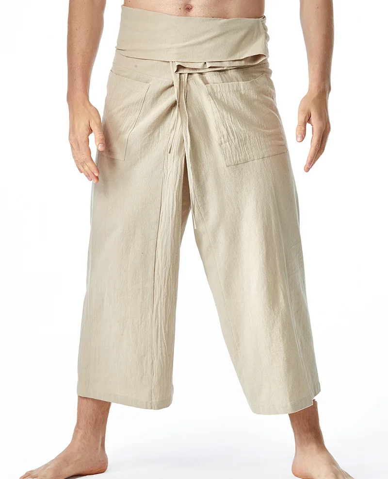 RaanPahMuang Genuine Thai Fisherman Wrap Pants - Muang Cotton, Unisex, Fair Trade, Cream (X-Large)