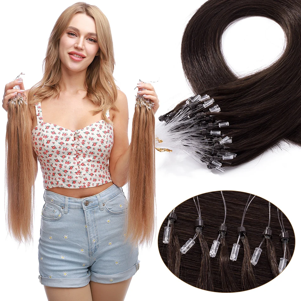 S-noilite 0.5g Micro Loop Hair Extensions Human Hair Microlink Micro Ring 100 Strands/Pack Black Brown Straight Natural