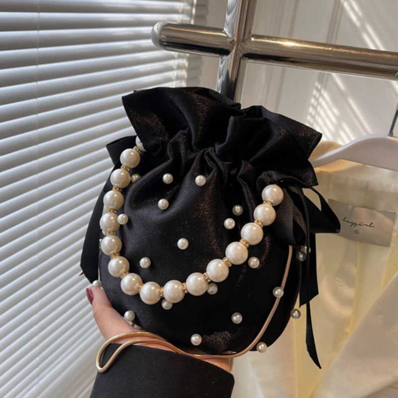 

Women Shoulder Bags High Quality Luxury Ladies Handbag Black Bead Pearl Imitation Silk Female Bucket Crossbody Bag For Ladies