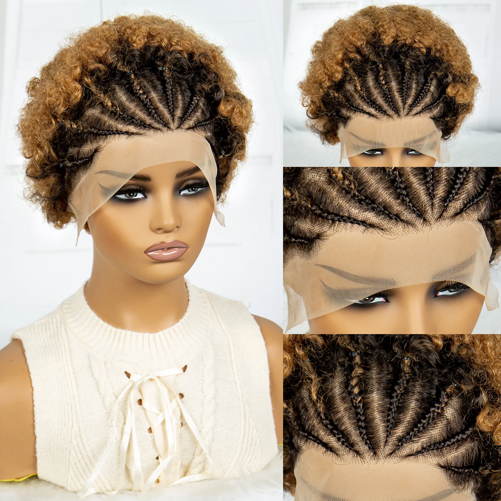 250% Density Human Hair Braids Afro Kinky Curly Bouncy Human Hair Wig 13x4 Transparent Lace Frontal Hair Wig for Black Women 8"