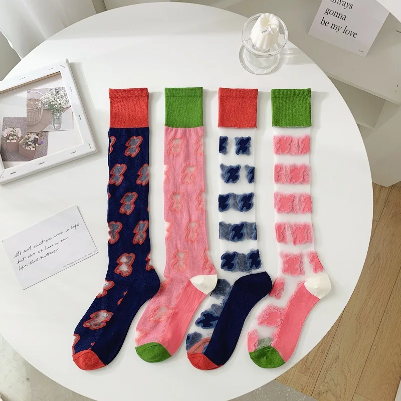 

Pink Cool Fishnet Stockings Knee Socks Thin for Women Stockings Ultra-thin Transparent Crystal Silk Long Sock Sweet Girl Summer