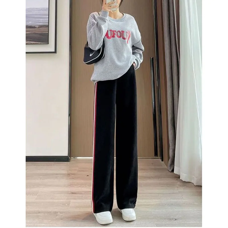 Autumn and Winter New Striped High Waist Drawstring Spliced Corduroy Wide Leg Fashion Simplicity Loose Women's Straight Pants