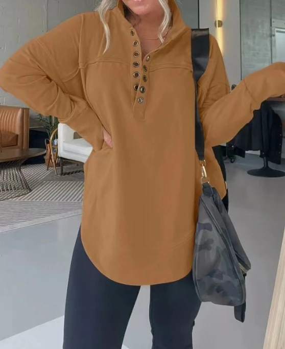Women's Commuting Style Hoodies Long Sleeved Thickened Top 2024 Early Spring Latest Solid Color Standing Color Buttons Pullover