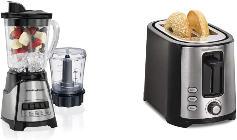 

Blender with 40oz Glass Jar and 3-Cup Vegetable Chopper, Black and Stainless Steel (58149) & 2 Slice Extra Wide Slot Toaster Lic