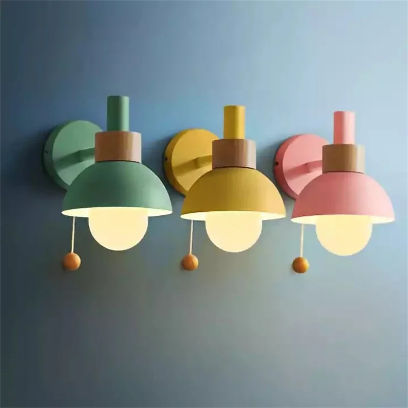 Modern Wall Lamp Nordic Home Decor Wood And Metal Paint Colorful Sconce Light Simple Restaurant Cafe Bar Lustre With Pull Switch