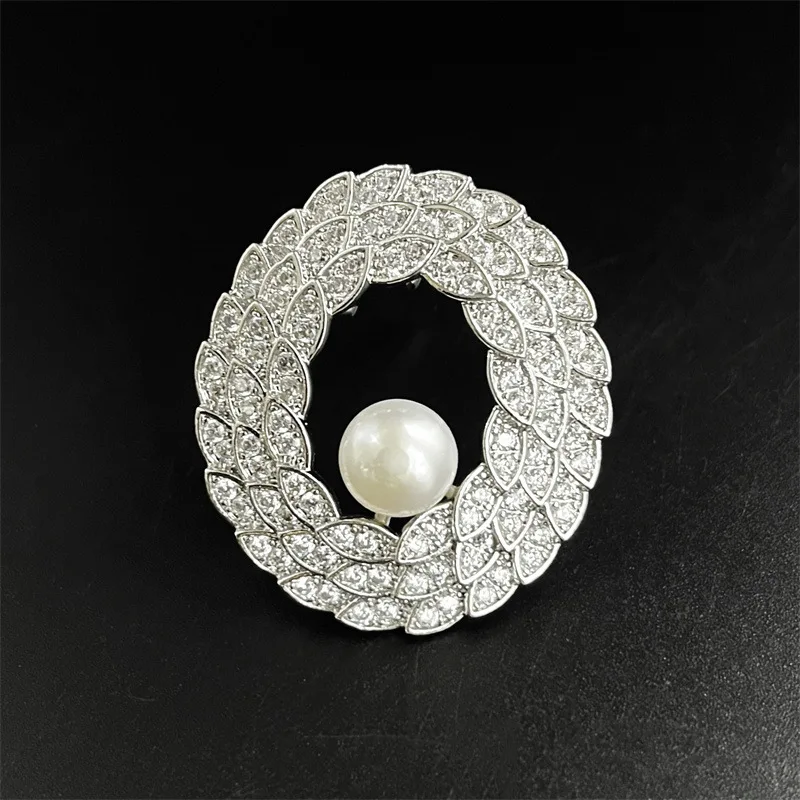 

OKILY Retro Zirconium Wheat Oval Brooches Freshwater Pearl Wreath Broochpin for Women's Clothing Pin Jewelry Accessories Corsage