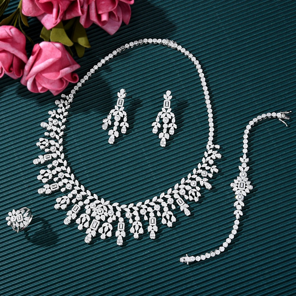 

Missvikki Original Chic 4pcs Jewelry Sets Necklace Bangle Ring Earrings Luxury Gougeous Splicing Set For Women Wedding Party