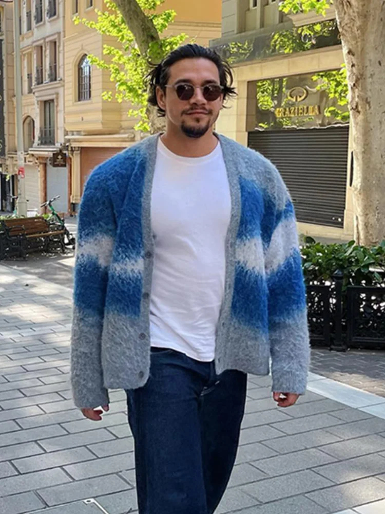 Casual Tie Dye Cashmere Sweater Cardigan Man Fashion Long Sleeve Single Breasted Knitted Jacket Autumn Warm Woolen Coat